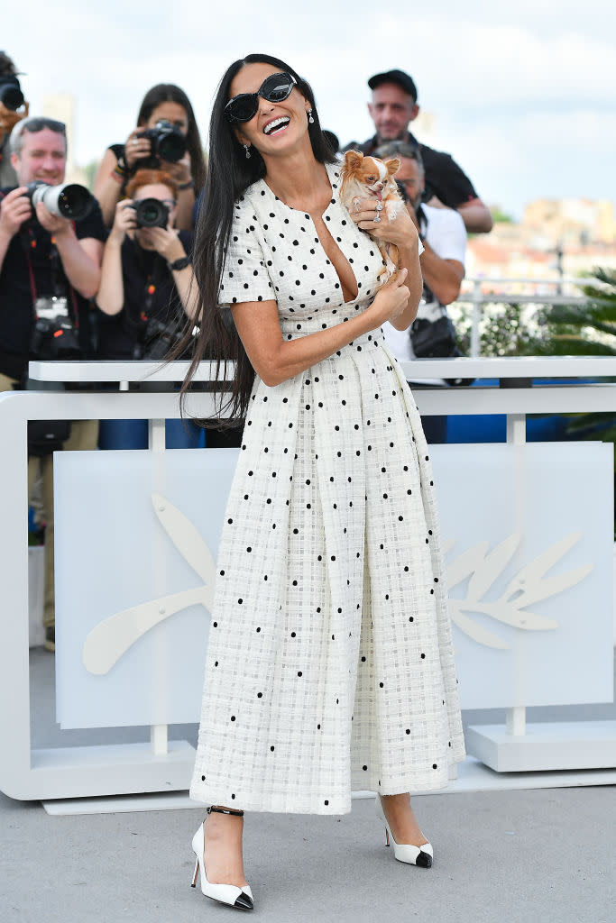 Demi Moore attends the "The Substance" photo call at Cannes Film Festival on May 20, Elie Saab, Aquazzura