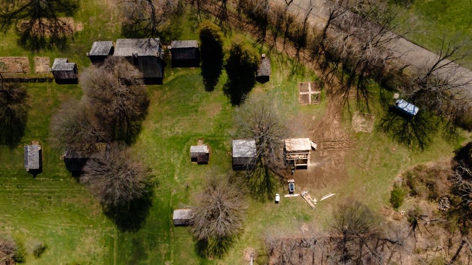 A new cabin is seen under construction at Schoenbrunn Village, Wednesday, Apr. 13.