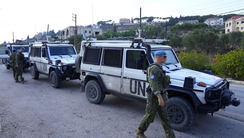 Finnish U.N. peacekeepers patrol the Lebanese side of the Lebanese-Israeli border in the southern village of Kfar Kila, Lebanon, on Thursday, Oct. 12, 2023.