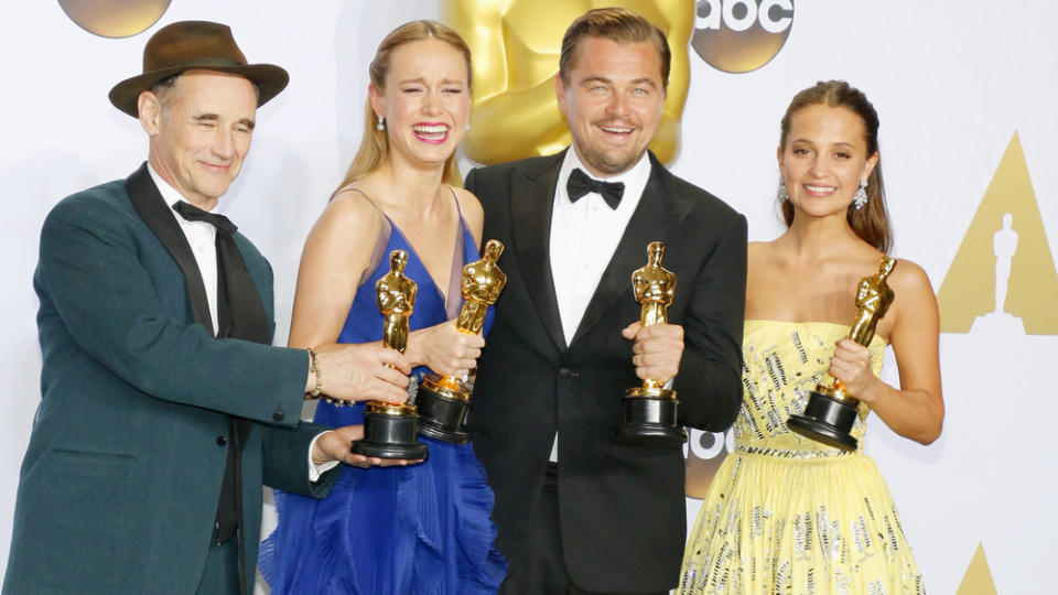 Die Darstellerpreise 2016 gingen an Mark Rylance (v.l.), Brie Larson, Leonardo DiCaprio und Alicia Vikander