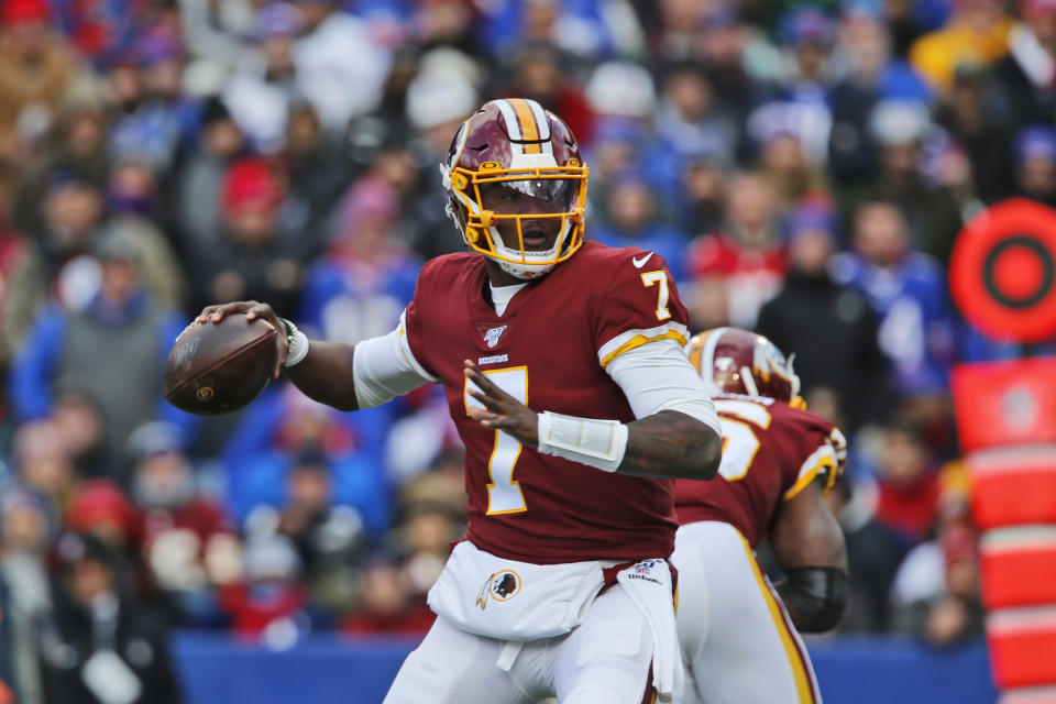 FILE - In this Nov. 3, 2019, file photo, Washington Redskins quarterback Dwayne Haskins looks to throw during the first half of an NFL football game against the Buffalo Bills, in Orchard Park, N.Y. The Redskins at the bye week of a lost season are a team without a definitive answer at quarterback, answers to questions on offense and defense and a visible organizational plan for the future. (AP Photo/John Munson, File)