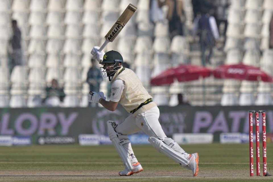 Pakistan's Mohammad Nawaz bats during the fourth day of the second test cricket match between Pakistan and England, in Multan, Pakistan, Monday, Dec. 12, 2022. (AP Photo/Anjum Naveed)