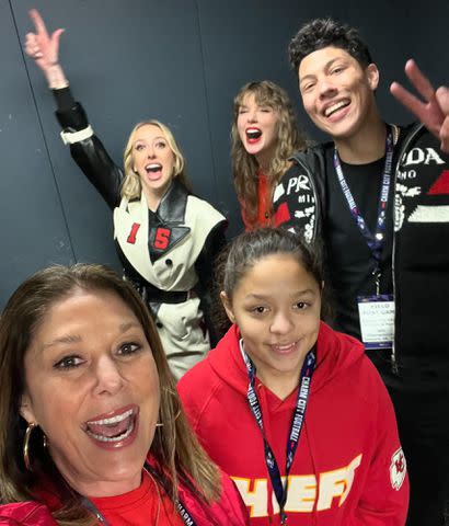 <p>Randi Mahomes/Instagram</p> Randi Mahomes posts a photo with family and friends, including Taylor Swift and Brittany Mahomes, after the Kansas City Chiefs AFC Championship win on Jan. 28