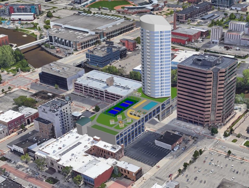 A computer rendering of the Tower on Grand, a proposed 25-story apartment complex on Grand Avenue.