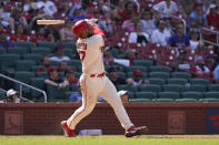 St. Louis Cardinals' Ivan Herrera watches his sacrifice fly to score Edmundo Sosa during the eighth inning of a baseball game against the Chicago Cubs Saturday, June 25, 2022, in St. Louis. (AP Photo/Jeff Roberson)