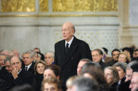 FILE - In this Jan. 11, 2010 file photo Former French President Valery Giscard d'Estaing arrives for the funeral of Philippe Seguin, the President of the Court of Accounts, in Paris. Valery Giscard d’Estaing, the president of France from 1974 to 1981 who became a champion of European integration, has died Wednesday, Dec. 2, 2020 at the age of 94, his office and the French presidency said. (AP Photo/Eric Feferberg, pool, File)