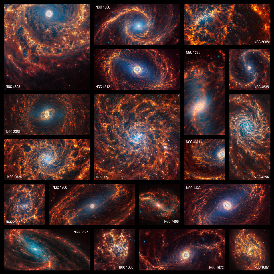 This collection of 19 face-on spiral galaxies from the James Webb Space Telescope in near- and mid-infrared light shows millions of stars clustered at the galaxies’ cores.