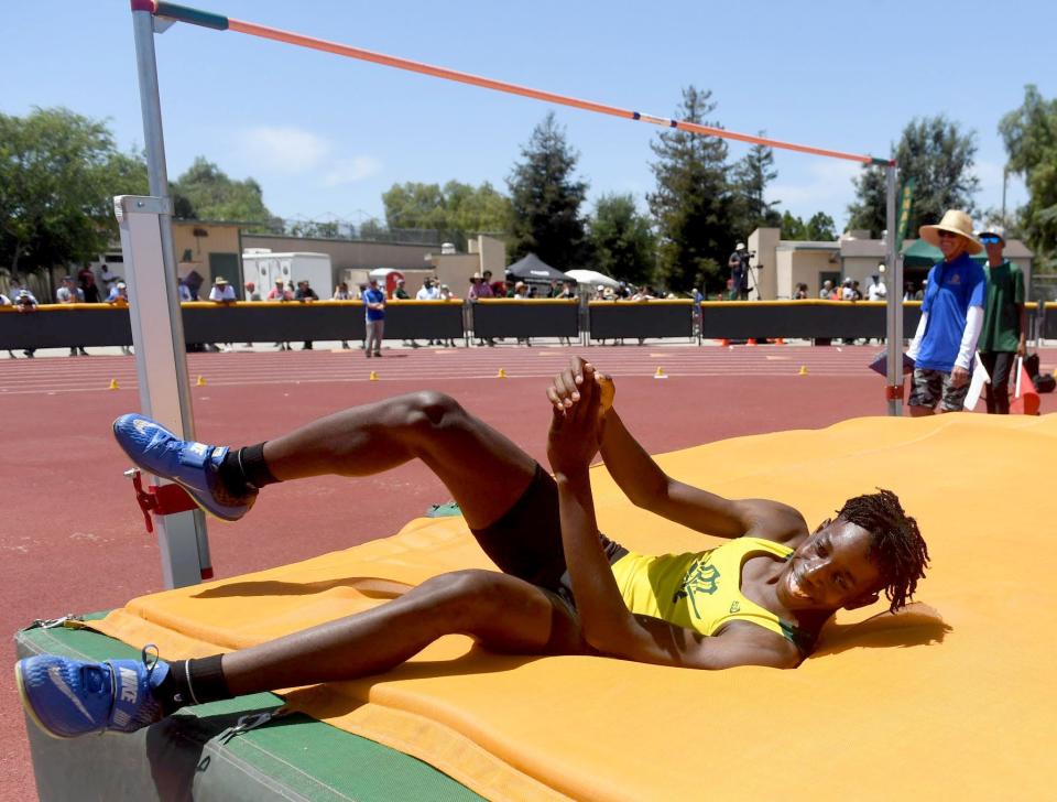 Moorpark High's Victor Ezike is all smiles after clearing 6 feet, 6 inches in the Division 3 boys high jump during the CIF-Southern Section Track and Field Championships at Moorpark High on Saturday, May 14, 2022. Ezike won the title.