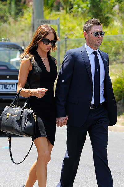 Michael Clarke and wife Kyly pay their respects to their close friend Phillip