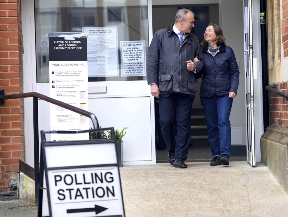 Britain's Liberal Democrat leader Ed Davey and his wife Emily Gasson leave the polling station at Surbiton Hill Methodist Church, after casting their vote in the local elections, in south west London, Thursday May 2, 2024. (Yui Mok/PA via AP)