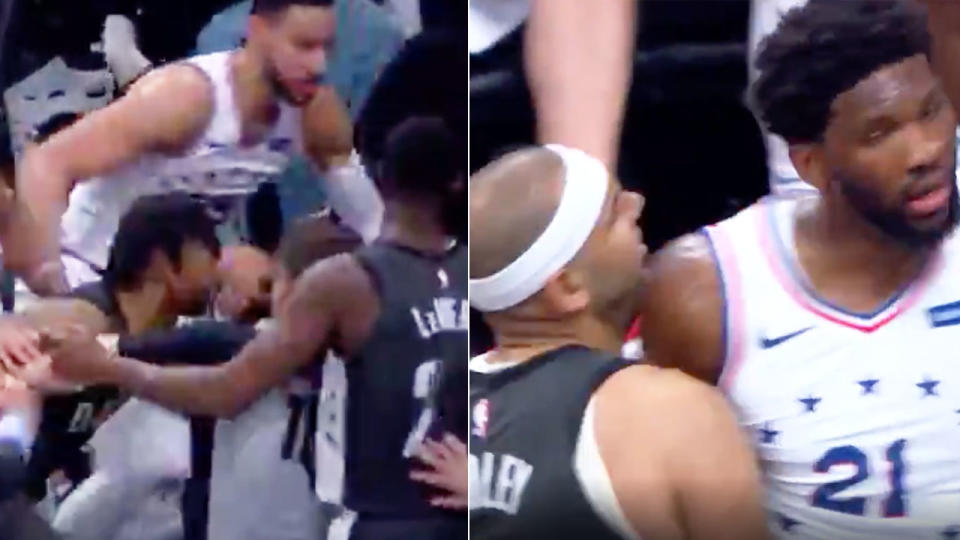 The Philadelphia 76ers and Brooklyn Nets’ chippy series spilled into the crowd after Jared Dudley shoved Joel Embiid. Picture: Twitter/ESPN