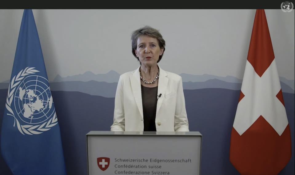 Simonetta Sommaruga, President of Switzerland, speaks in a pre-recorded video message during the 75th session of the United Nations General Assembly, Wednesday, Sept. 23, 2020, at UN headquarters in New York, in this UNTV file image. The coronavirus that has claimed nearly 1 million lives has underscored the failure of the United Nations to bring countries together to defeat it. “We could criticize the U.N. for this — but who are we really talking about, when we blame `the U.N.?'” Switzerland President Simonetta Sommaruga asked. “We are in fact talking about ourselves, because the U.N. is its member states. And it is often member states that stand in the way of the U.N.’s work.” (UNTV via AP, File)