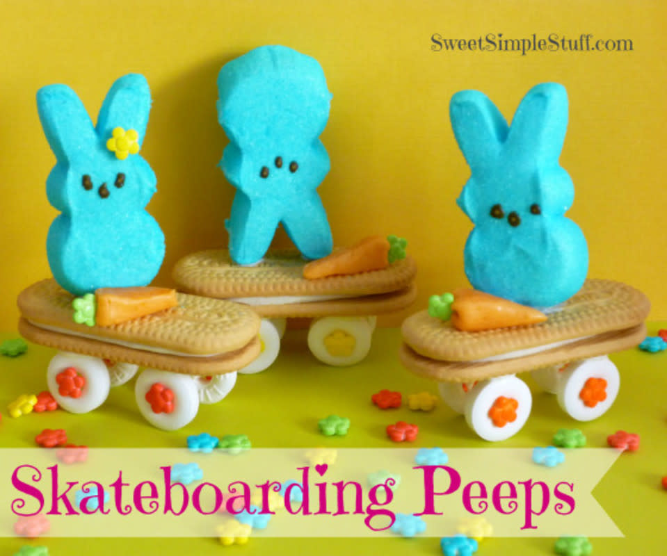 <p>Sweet Simple Stuff</p><p>These cookies are so fun and creative!</p><p><strong>Get the recipe:<a href="http://sweetsimplestuff.com/2013/03/22/skateboarding-peep-bunnies/" rel="nofollow noopener" target="_blank" data-ylk="slk:Easter Bunny Peeps Skateboarding Cookies;elm:context_link;itc:0;sec:content-canvas" class="link rapid-noclick-resp"> Easter Bunny Peeps Skateboarding Cookies</a></strong></p>