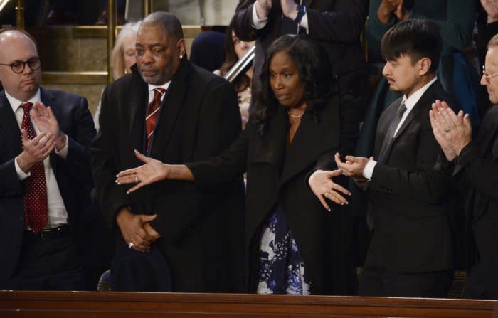 Tyre Nichols' parents, Rodney (second from left) and RowVaughn Wells, react while being introduced by President Joe Biden during the State of the Union Address to a joint session of Congress at the U.S. Capitol in Washington, D.C., on February 7. File Photo by Bonnie Cash/UPI