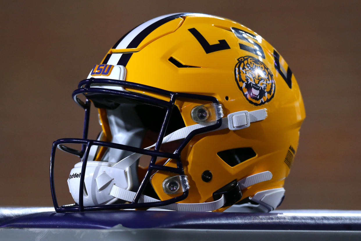 An LSU helmet is pictured during a game against the Mississippi Rebels at Vaught-Hemingway Stadium on November 16, 2019 in Oxford, Mississippi. (Photo by Jonathan Bachman/Getty Images)