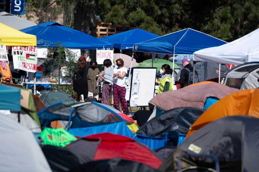 Westwood, CA – April 29:Pro-Palestinian protesters continued to occupy the grounds at UCLA in front of Royce Hall on Monday, April 29, 2024. Security has surrounded the encampment after a skirmish broke out Sunday between the Pro-Palestianian protesters and Israel supporters. (Photo by David Crane/MediaNews Group/Los Angeles Daily News via Getty Images)