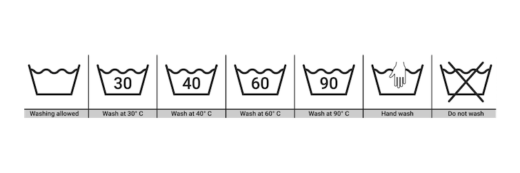 Laundry symbols for machine and hand washing clothes.