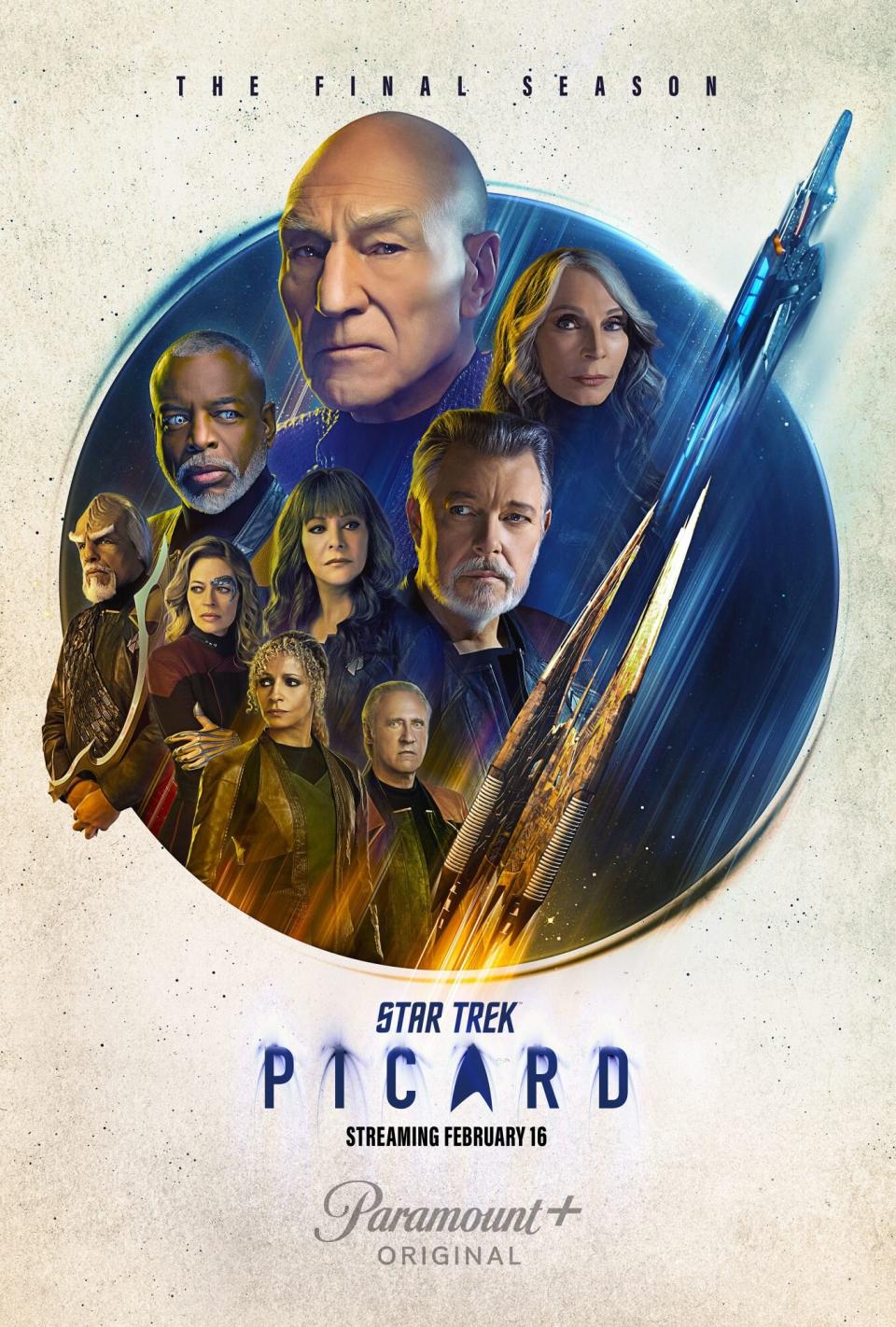 Michael Dorn as Worf, LeVar Burton as Geordi, Jeri Ryan as Seven of Nine, Michelle Hurd as Raffi, Marina Sirtis as Deanna Troi, Brent Spiner as Data, Jonathan Frakes as Riker, Patrick Stewart as Picard and Gates McFadden as Dr. Beverly Crusher in the teaser art of the Paramount+ original series STAR TREK: PICARD. Photo Cr: Joe Pugliese/Paramount+. © 2022 CBS Studios Inc. All Rights Reserved.