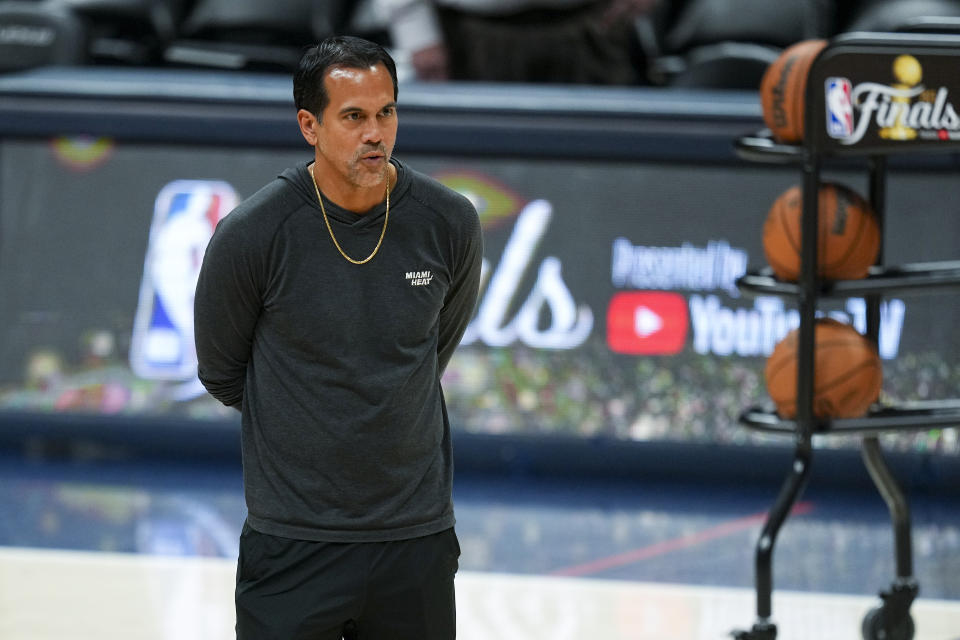 Miami Heat head coach Erik Spoelstra watches during an NBA Finals open practice, Sunday, June 11, 2023, in Denver. Miami takes on the Denver Nuggets in Game 5 of the NBA Finals on Monday. (AP Photo/Jack Dempsey)