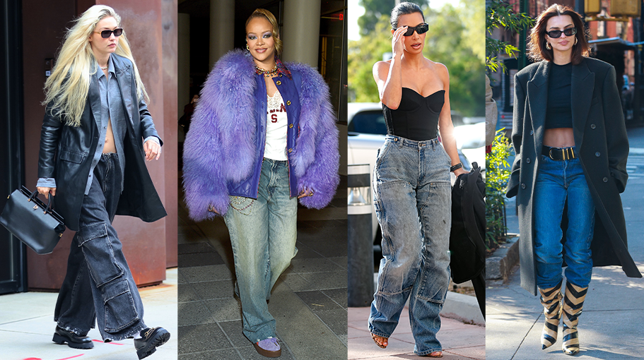 four celebrities wearing baggy jeans with various outfits