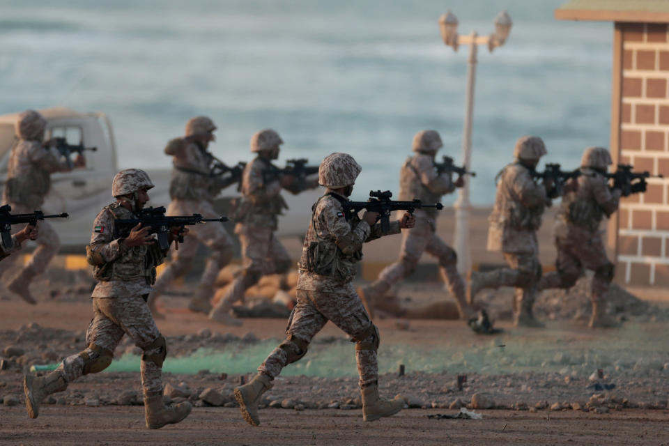 FILE PHOTO: Members of the United Arab Emirates Armed Forces perform military drills during the "Union Fortress 6" military parade in Al Hamra, Ras al Khaimah, United Arab Emirates November 1, 2019. REUTERS/Christopher Pike