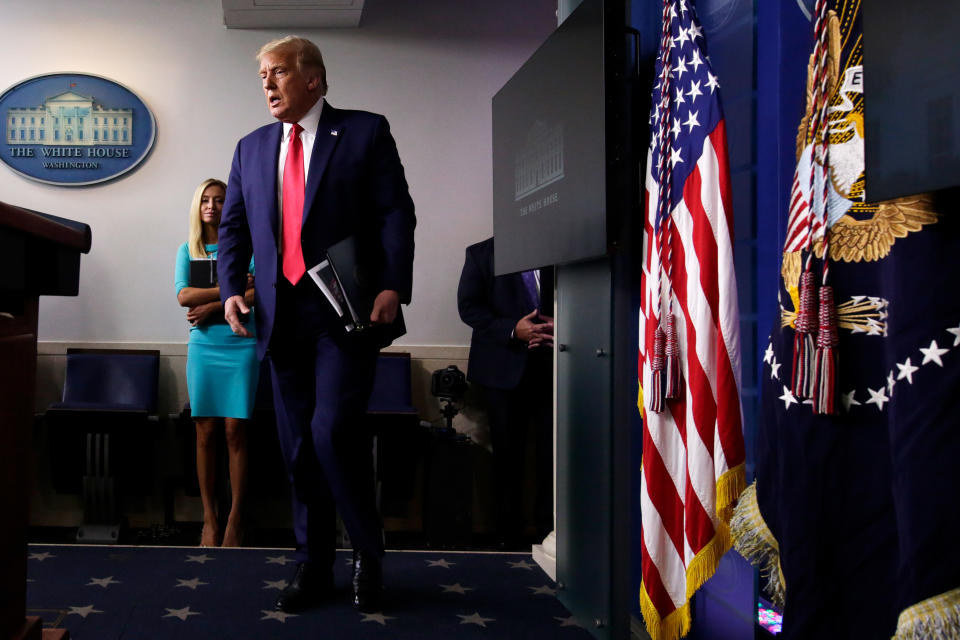 WASHINGTON, DC - SEPTEMBER 16:  U.S. President Donald J. Trump arrives for a news conference in the James Brady Press Briefing Room of the White House on September 16, 2020 in Washington, DC. Trump took questions about the administration's coronavirus response and also sought to clarify comments made by CDC Director Robert Redfield during his recent testimony before Congress. (Photo by Alex Wong/Getty Images)