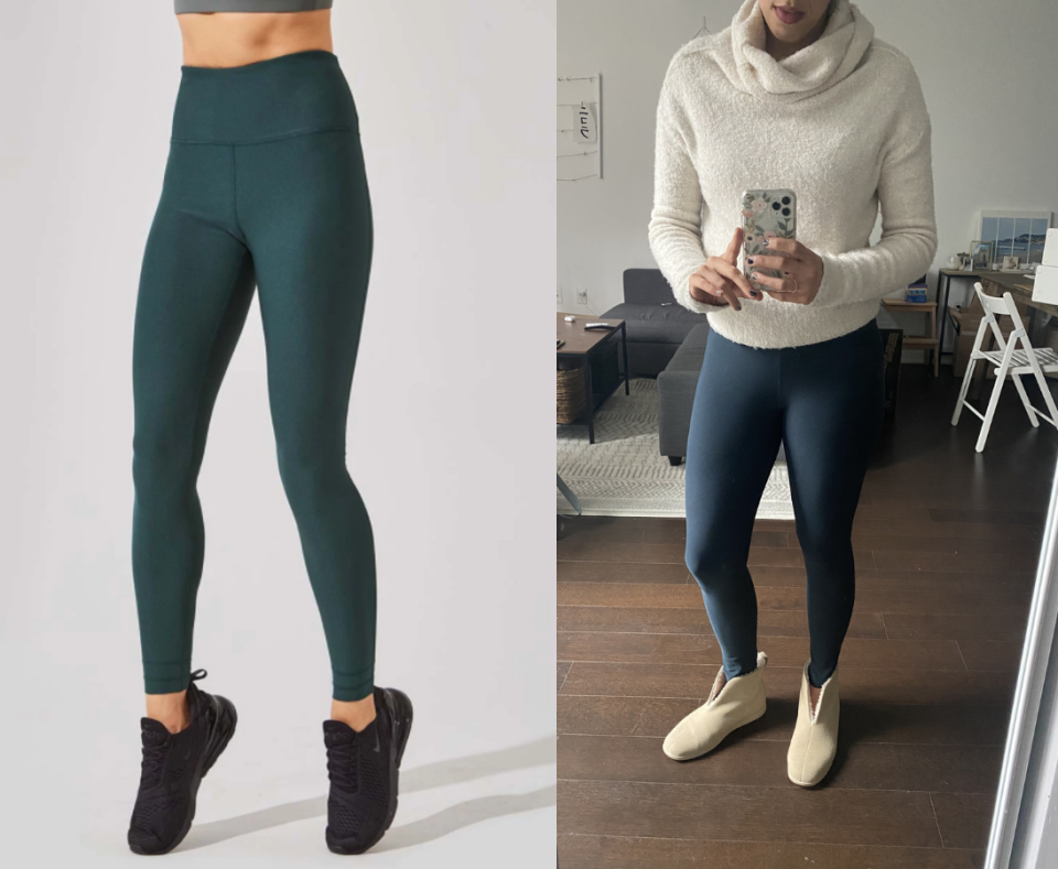 I paired my Swift High Waisted Recycled Polyester Leggings with a cozy turtleneck and my trusty Everlane slippers.