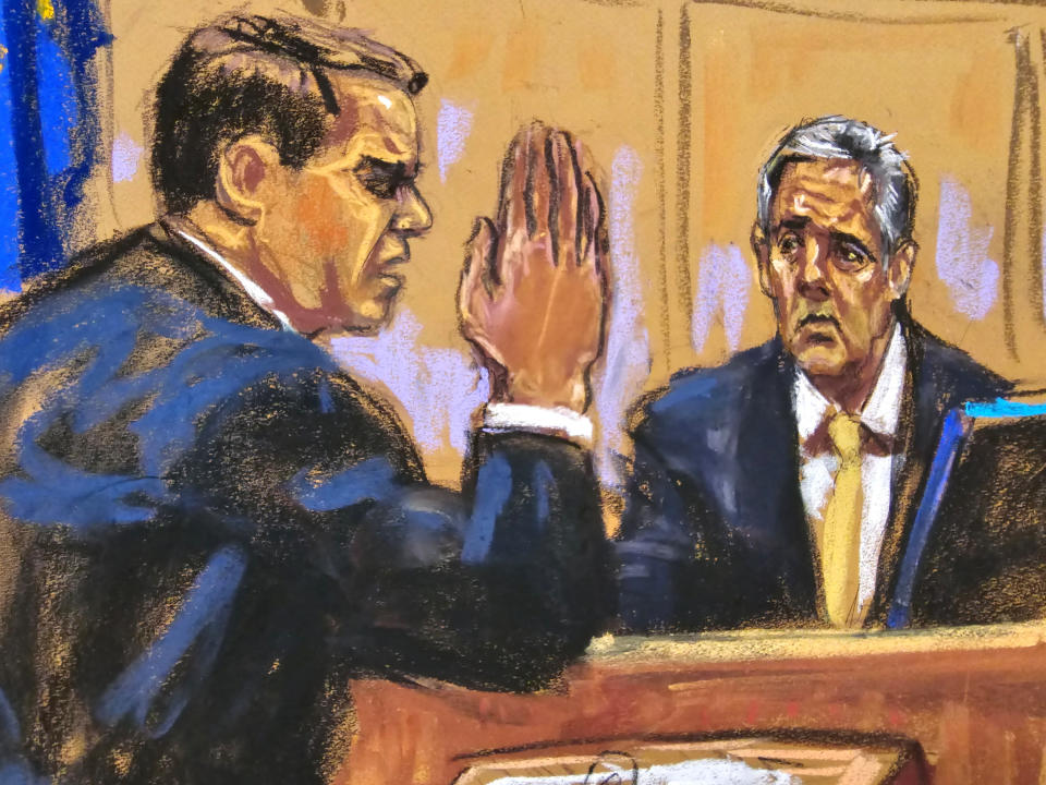 A courtroom sketch of Todd Blanche questioning Michael Cohen.