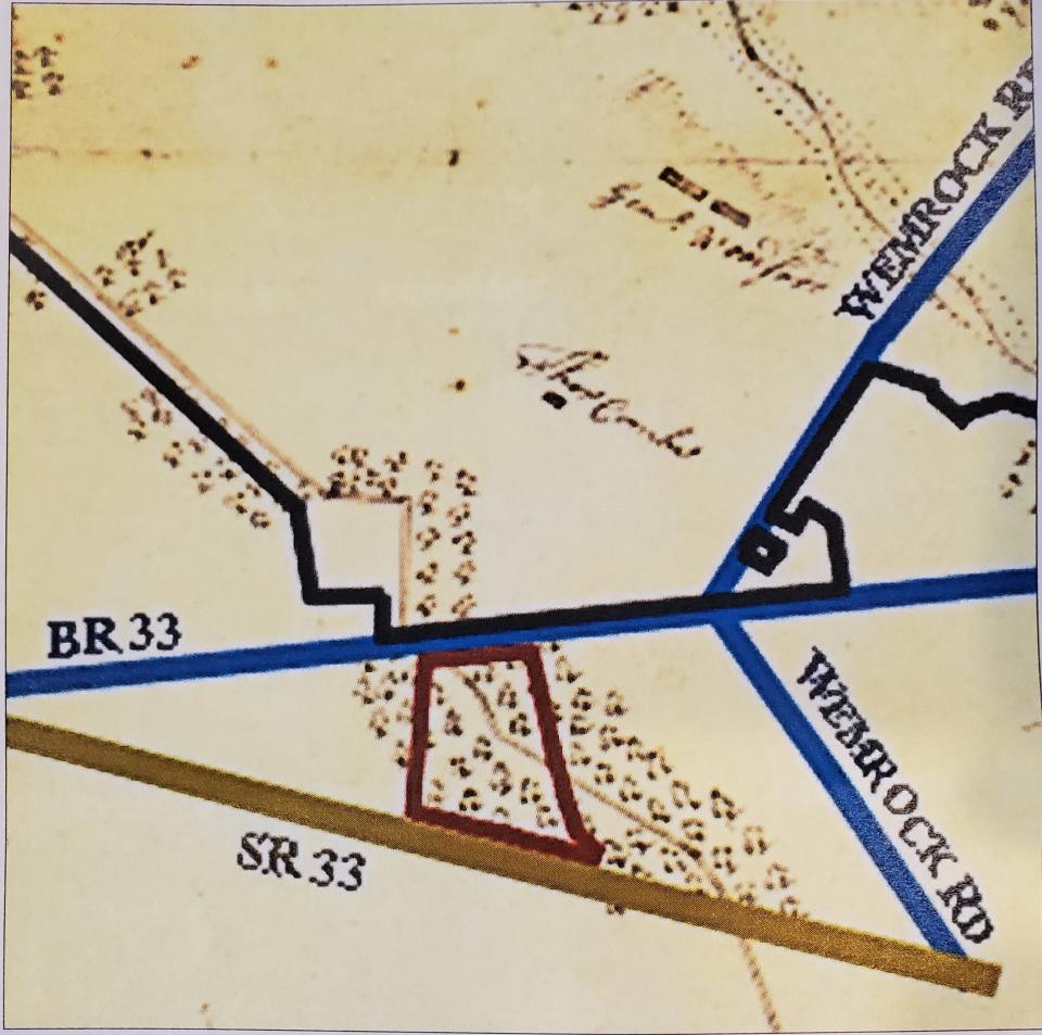 Modern roads and the proposed development (in red) laid against the "Butler Map" dating to 1778.