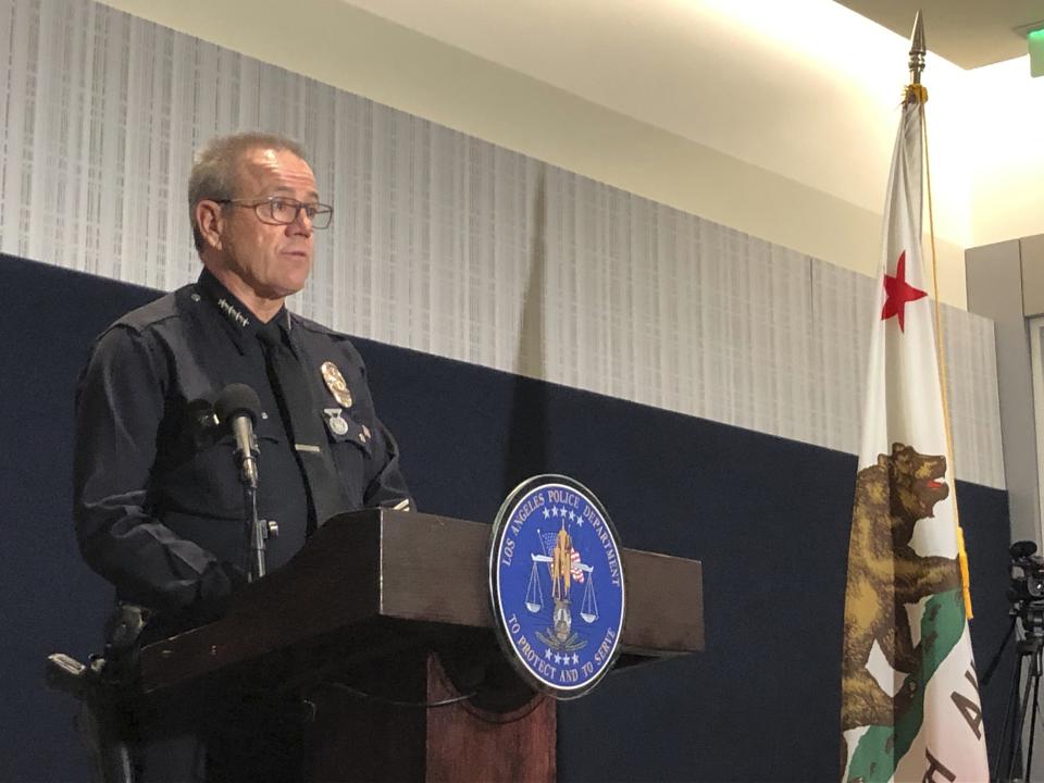 Los Angeles Police Chief Michel Moore discusses recent fatal police shootings during a news conference on Wednesday, Jan. 11, 2023, at LAPD headquarters in Los Angeles. (AP Photo/Stefanie Dazio)