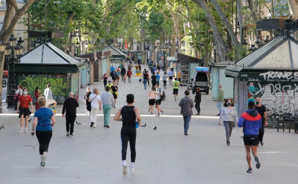 Locals exercising along La Rambla in Barcelona,