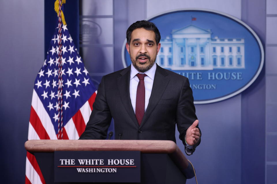 Deputy Director of the National Economic Council Bharat Ramamurti delivers remarks during a press briefing at the White House in Washington, U.S., March 9, 2021. REUTERS/Tom Brenner