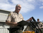 <p>Phil Johnston, the assistant sheriff for Tehama County, briefs reporters on the shootings near the Rancho Tehama Elementary School, Tuesday, Nov. 14, 2017, in Corning, Calif. Authorities said, a gunman choosing targets at random, opened fire in a rural Northern California town Tuesday, killing four people at several sites and wounding others at the elementary school before police shot him dead. (AP Photo/Rich Pedroncelli) </p>