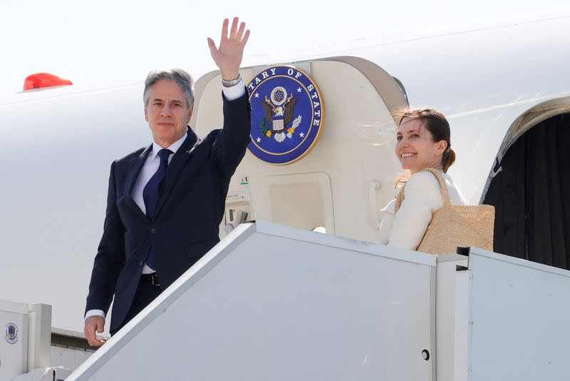 FILE PHOTO: U.S. Secretary of State Blinken boards a plane at the U.S. Naval Support Activity base in Naples