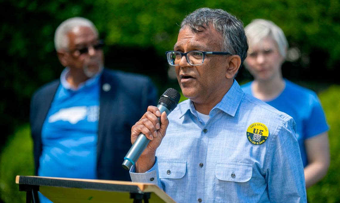Dr. Rakesh Patel, a physician at Central Regional Hospital and president of the UE Local 150, NC Public Works Union speaks during a press briefing by the NC Budget and Tax Center on Tuesday, May 2, 2023 at the North Carolina General Assembly in Raleigh, N.C.