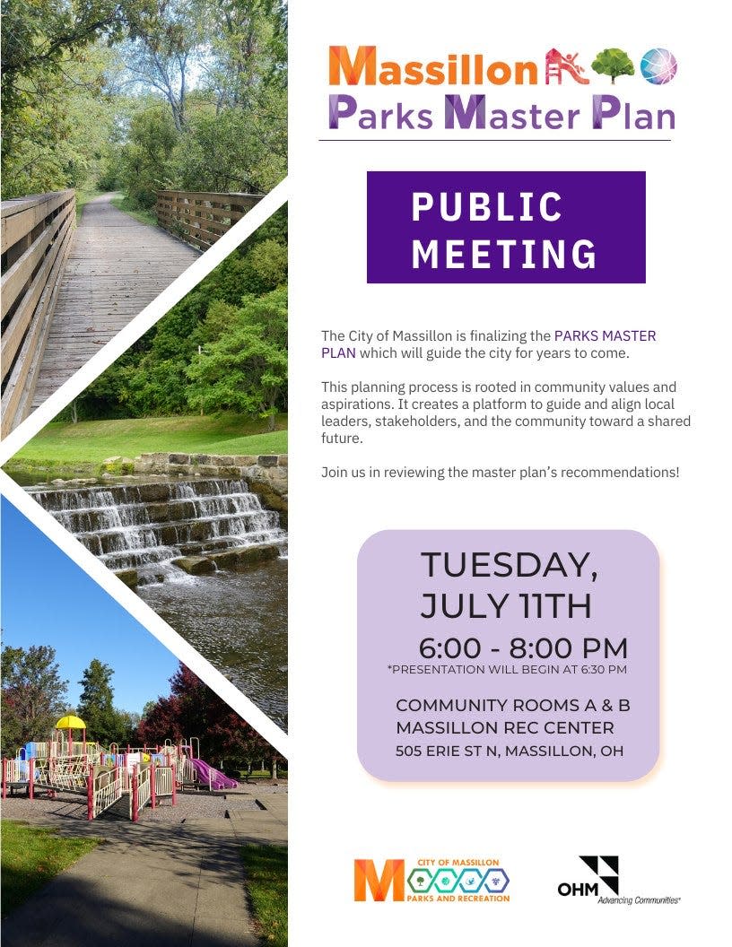 A public meeting is set to discuss the Massillon Parks Master Plan from 6 to 8 p.m. Tuesday at the Massillon Recreation Center, 505 Erie St. N.