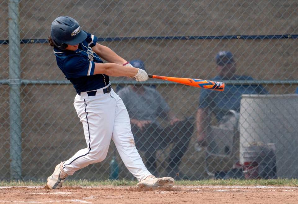 Bald Eagle Area’s Tayten Yoder hits an out of the park home run during the game against McConnnellsburg in the first round of the PIAA class 2A baseball playoffs on Monday, June 5, 2023.