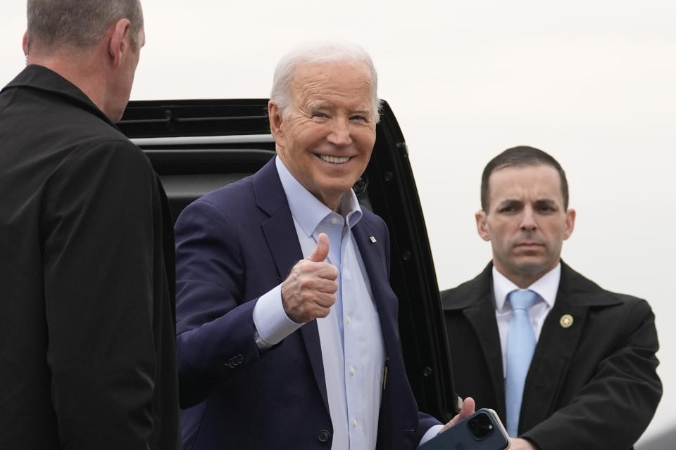 President Joe Biden gives a thumbs-up as he arrives to board Air Force One, Thursday, March 28, 2024, at Andrews Air Force Base, Md. Biden is headed to New York for a fundraiser. (AP Photo/Alex Brandon)