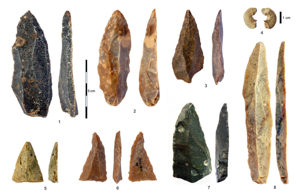 This image provided by Tsenka Tsanova in May 2020 shows stone artifacts from the Initial Upper Paleolithic discovered in the Bacho Kiro Cave in Bulgaria. Two new studies Monday, May 11, 2020, show that Homo sapiens bones found in the Bulgarian cave date back to as far as 46,000 years ago, which is thousands of years earlier than previous human fossils in Europe.(Tsenka Tsanova via AP)