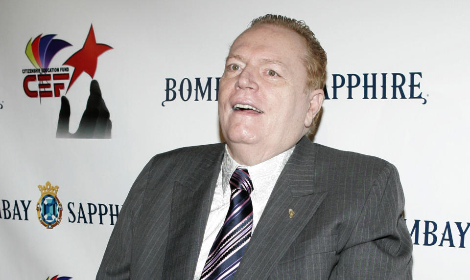 FILE - Hustler magazine founder Larry Flynt poses for photographers on the red carpet during the RainbowPUSH Coalition 10th annual awards dinner celebrating Jesse Jackson's 66th birthday, on Nov. 8, 2007, in Los Angeles. Flynt, who turned "Hustler" magazine into an adult entertainment empire while championing First Amendment rights, has died at age 78. His nephew, Jimmy Flynt Jr., told The Associated Press that Flynt died Wednesday, Feb. 10, 2021, of heart failure at his Hollywood Hills home in Los Angeles. (AP Photo/Danny Moloshok, File)