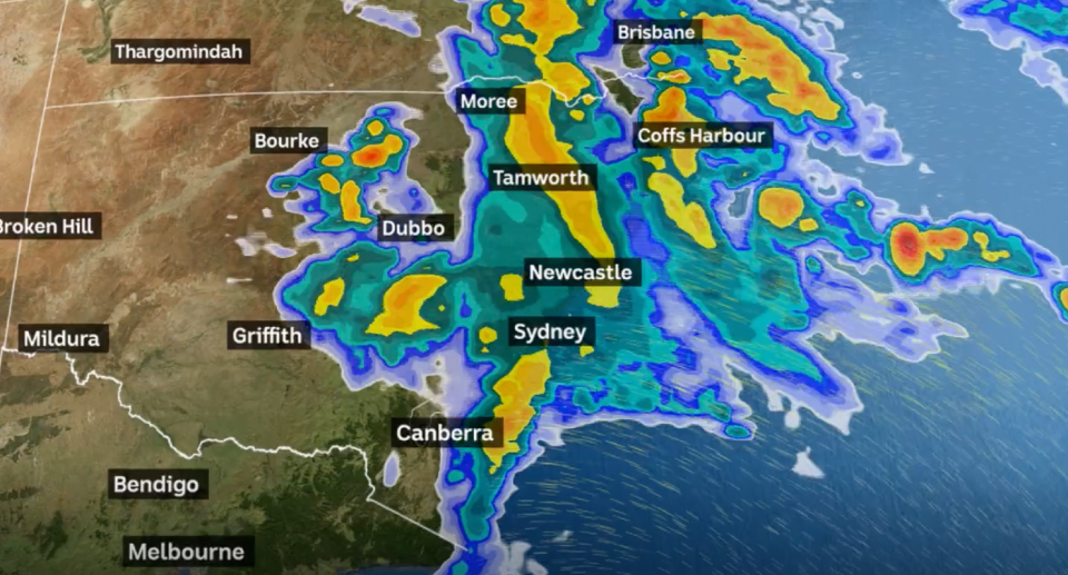 A weather radar showing rainfall over NSW, as the nation's east prepares for a cool change. 