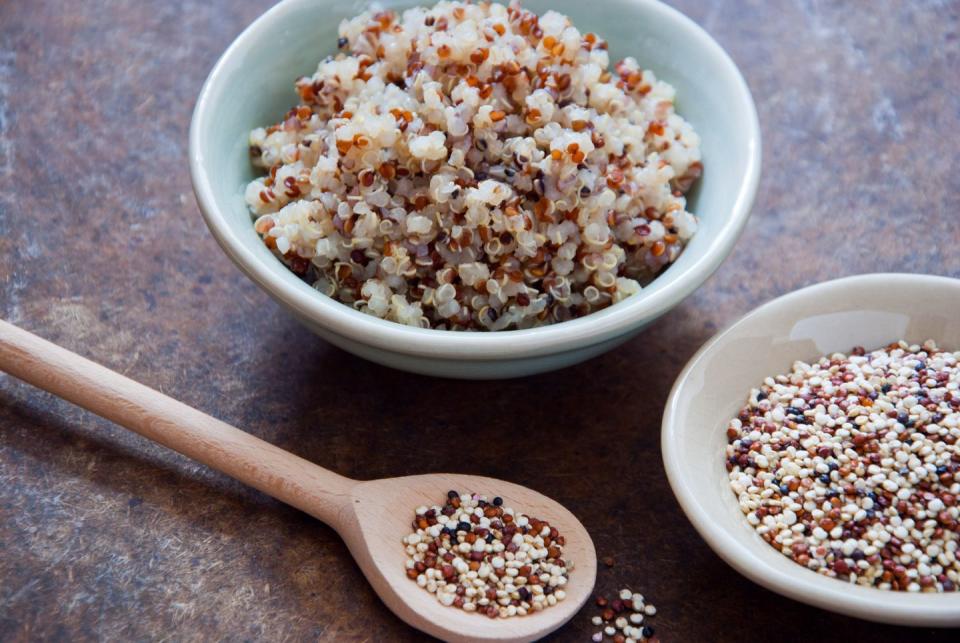 <p>Quinoa is a complete plant protein—and serves up a whopping 8 grams per 1-cup serving! The fluffy grain also offers tons of gut-healthy fiber to keep you feeling satisfied. Bonus: It cooks up faster than brown rice and barley.</p><p><strong>Try it: </strong><a href="https://www.prevention.com/food-nutrition/recipes/a23087868/honey-spiced-salmon-recipe/" rel="nofollow noopener" target="_blank" data-ylk="slk:Honey-Spiced Salmon with Quinoa;elm:context_link;itc:0;sec:content-canvas" class="link ">Honey-Spiced Salmon with Quinoa</a></p>