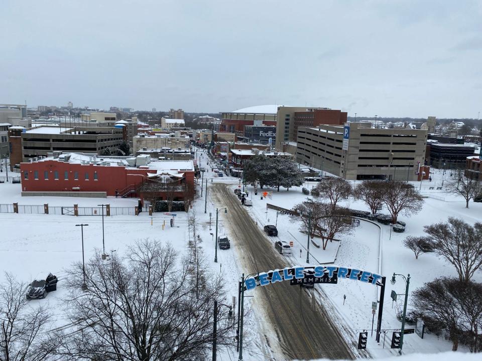 Snow-covered streets can be seen in Downtown Memphis on Monday, Jan. 15, 2024. The Mid-South was expected to get between 3 and 6 inches of snow.