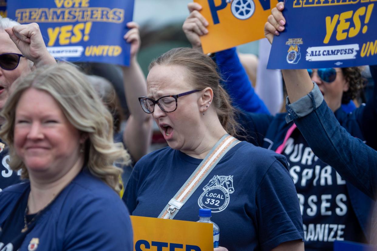 Stephanie Bates, 43, of Flint, works as a registered nurse at Ascension Genesys, which is unionized by the Teamsters and took a vote last night to strike. Bates attended the solidarity rally for Corewell Health East registered nurses, who are banding together to unionize with the Teamsters Council 43, at the Teamsters building in Detroit on Friday, May 10, 2024.