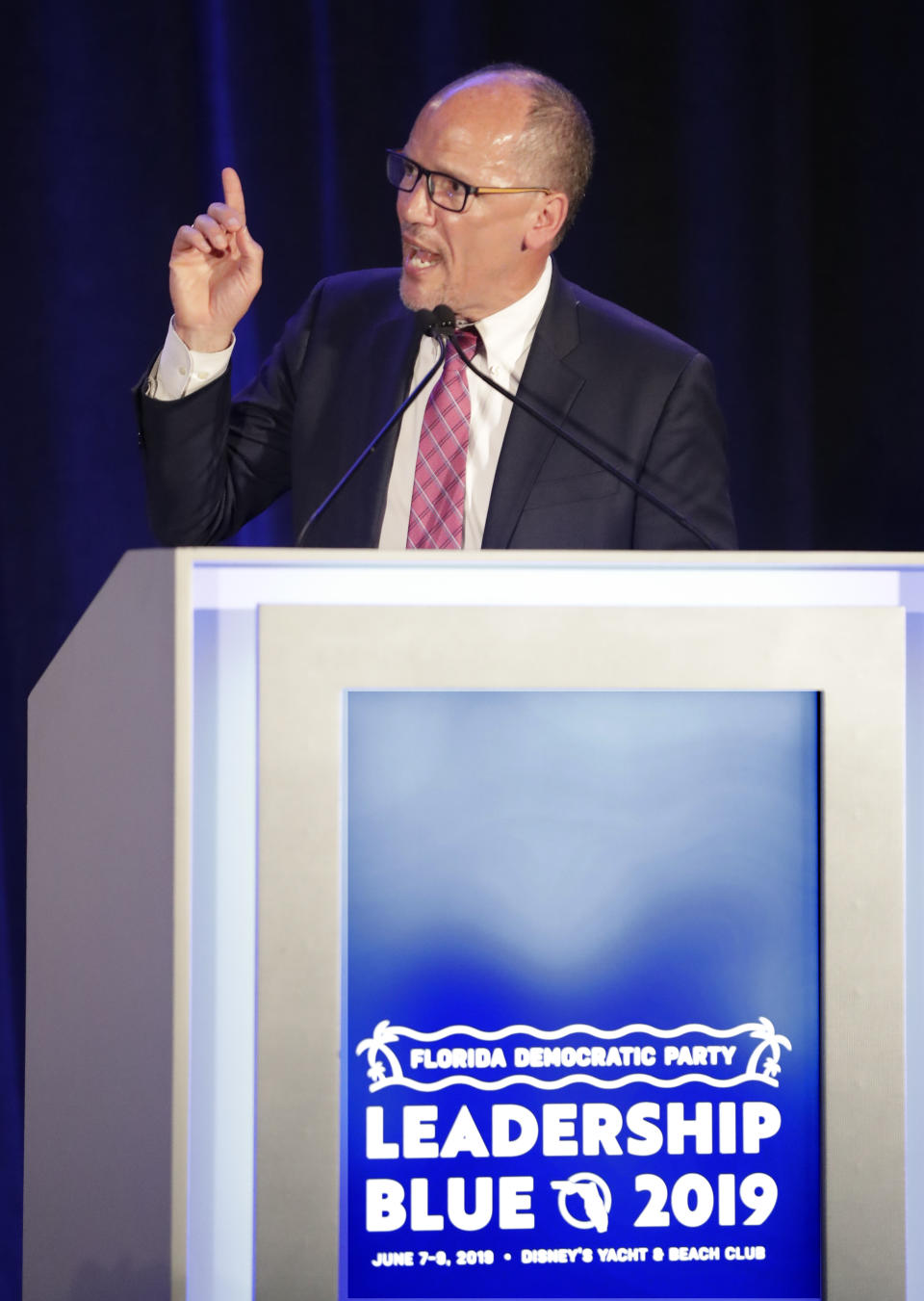 Tom Perez, chair of the Democratic National Committee speaks during the Florida Democratic Party state conference, Saturday, June 8, 2019, in Orlando, Fla. (AP Photo/John Raoux)