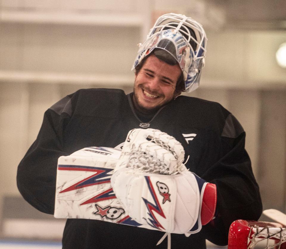 New York Rangers goalie Igor Shesterkin has a light moment during the first day of the New York Rangers training camp at their practice facility in Greenburgh, N.Y. Sept. 19, 2024.