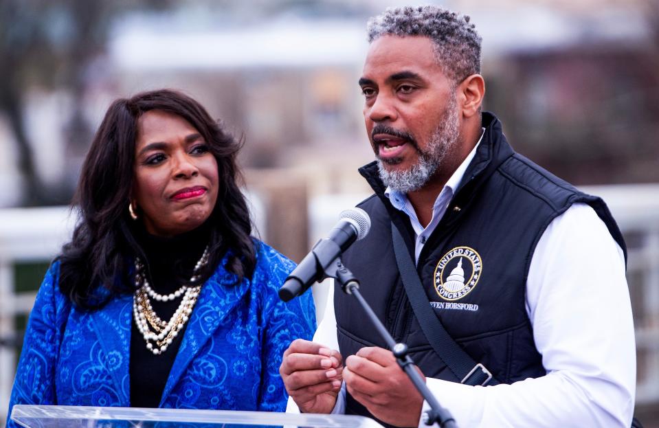 Congressman Steven Horsford, right, and Congresswoman Terri Sewell hold a press conference on the Edmund Pettus Bridge in Selma, Ala., as part of the Annual Faith and Politics Civil Rights Pilgrimage on Saturday March 2, 2024