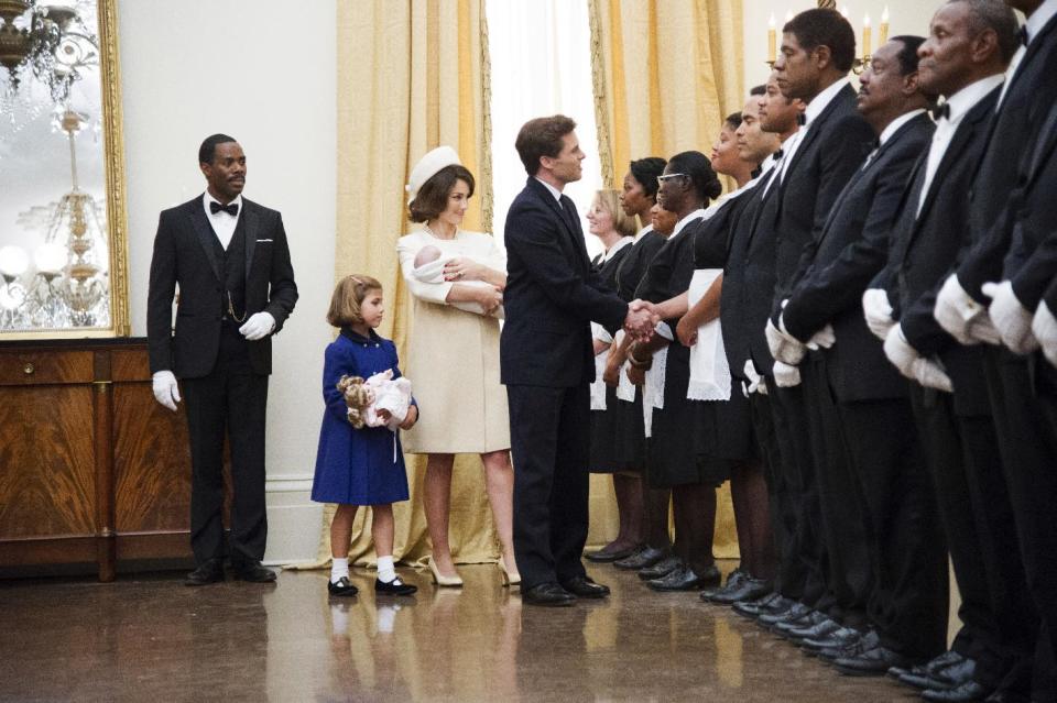 This image released by The Weinstein Company shows, from second left, Chloe Barach as Caroline Kennedy, Minka Kelly as Jackie Kennedy, James Marsden as President John F. Kennedy and Forest Whitaker as Cecil Gaines, third from right, in a scene from "Lee Daniels' The Butler." A wide range of actors have played President John F. Kennedy in the movies and on TV. ??(AP Photo/The Weinstein Company, Anne Marie Fox)