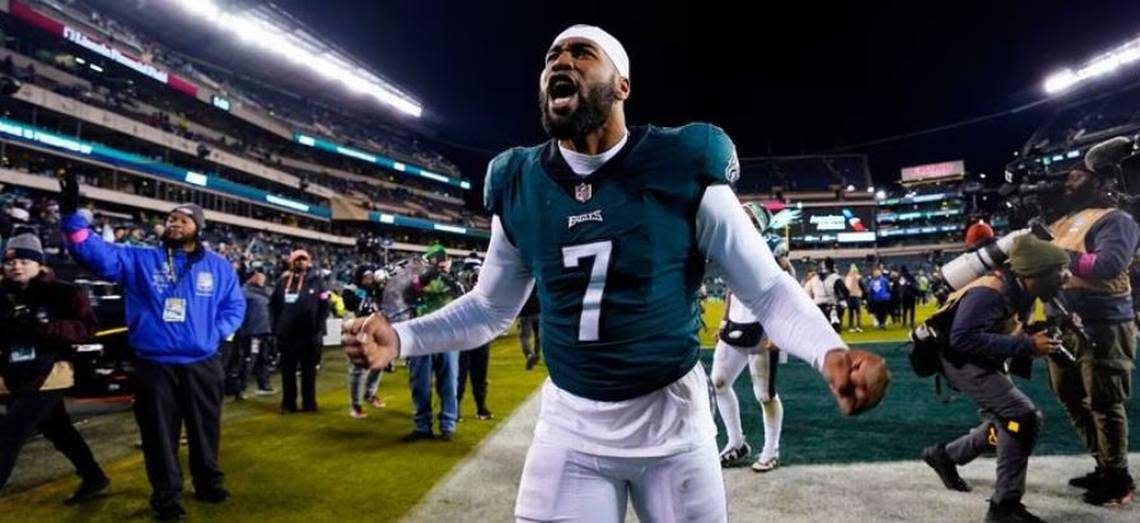 Haason Reddick, here celebrating the Eagles’ NFC divisional playoff win over the New York Giants on Jan. 21, 2023, had an NFL-leading 19 1/2 sacks after signing a $45 million free-agent contract with Philadelphia before the 2022 season.