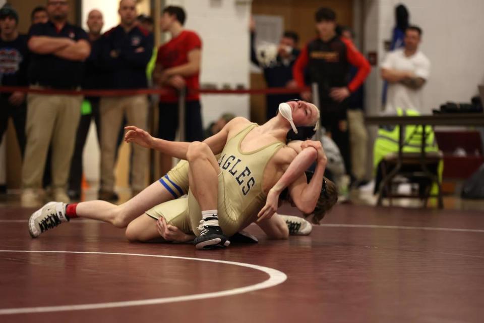 Bald Eagle Area’s Tanner Guenot attempts to escape from Chestnut Ridge’s Dominic Deputy in their 107-pound finals match of the PIAA Class 2A Southwest Regional Championships on Saturday, March 2, 2024 in Altoona. Deputy defeated Guenot, 1-0. Jillian Anderson/For the CDT